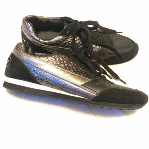 Coach tennis black and silver monogram logo c leather and suede sneakers shoes